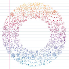 Magic princess vector illustration. Cartoon set. Design for little girls. Beautiful fantasy fairytale with fashion elements for patterns.