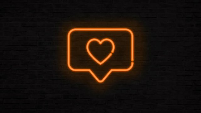 Neon Heart Like Sign Icon Banner on Brick Wall. Retro Neon Heart Happy Valentine's Day or Mobile Phone Social Media Concept 4K Animation.