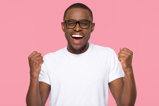 Excited Lucky Black Man Feeling Winner Isolated On Pink Background