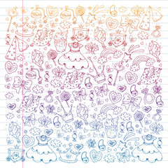 Magic princess vector illustration. Cartoon set. Design for little girls. Beautiful fantasy fairytale with fashion elements for patterns.