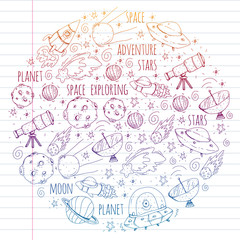 Space vector illustration. Science, technology pattern. Rocket and spaceships.