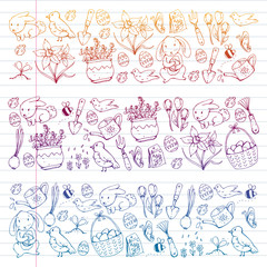 Easter vector illustration. Spring design for patterns. Holiday decoration for greeting cards. Rabbit, bunny character, eggs, flowers, seasonal elements.