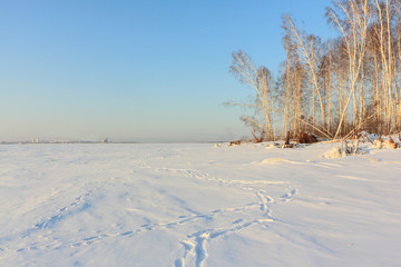Island on a snowy  Ob Reservoir, Novosibirsk, Russia