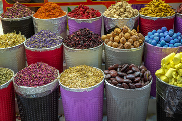 Colorful piles of spices in Dubai souks, United Arab Emirates