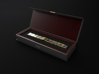 3d Illustration of Open square black gift box with bracelet on black background.