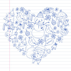 Christmas winter party. Happy new year. Bullfinch, Santa Claus, snowman, deer. Presents and candy.