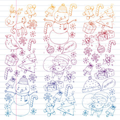 Christmas winter party. Happy new year. Bullfinch, Santa Claus, snowman, deer. Presents and candy.