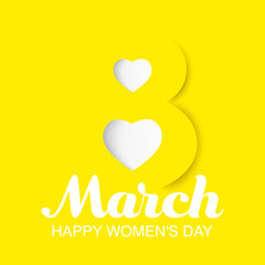8 Match greeting card to International Women's Day. 3d paper cut number 8 on yellow backdrop. Trendy banner, tag, flyer, postcard, poster design.