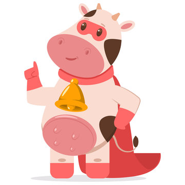 Cute superhero cow in a red mask and cape. Vector cartoon farm animal character isolated on a white background.