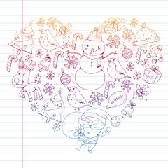 Christmas winter party. Happy new year. Bullfinch, Santa Claus, snowman, deer. Presents and candy.