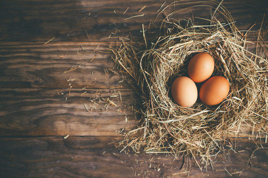 Fresh chicken eggs in the nest on a rustic background