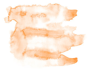 Light orange watercolor hand-drawn isolated wash stain on white background for text, design. Abstract texture made by brush for wallpaper, label.