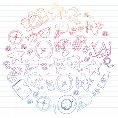 Travel vector pattern. Adventure, beach, tropical design.