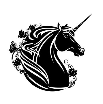 magical unicorn horse head with rose flowers and butterfly - fantasy animal black and white vector design