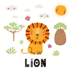 Hand drawn vector illustration of a cute lion, African landscape, with text. Isolated objects on white background. Scandinavian style flat design. Concept for children print.