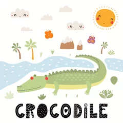 Foto op Canvas Hand getekende vectorillustratie van een schattige krokodil, Afrikaans landschap, met tekst. Geïsoleerde objecten op een witte achtergrond. Scandinavische stijl plat ontwerp. Concept voor kinderen afdrukken. © Maria Skrigan