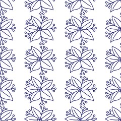 Hand drawn flower, repeat seamless vector pattern. Blue line art on white background.