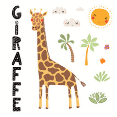 Illustration vectorielle dessinée à la main d& 39 une jolie girafe, paysage africain, avec texte. Objets isolés sur fond blanc. Design plat de style scandinave. Concept pour l& 39 impression des enfants.