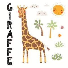Foto op Plexiglas Hand getekende vectorillustratie van een schattige giraf, Afrikaans landschap, met tekst. Geïsoleerde objecten op een witte achtergrond. Scandinavische stijl plat ontwerp. Concept voor kinderen afdrukken. © Maria Skrigan
