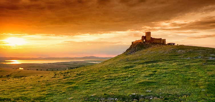 Romania sunset in Dobrogea at the Enisala Fortress. Important historical landmark near Tulcea and Constanta