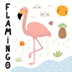 Foto op Aluminium Hand getekende vectorillustratie van een schattige flamingo, Afrikaans landschap, met tekst. Geïsoleerde objecten op een witte achtergrond. Scandinavische stijl plat ontwerp. Concept voor kinderen afdrukken. © Maria Skrigan