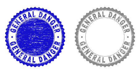 Obraz premium Grunge GENERAL DANGER stamp seals isolated on a white background. Rosette seals with grunge texture in blue and gray colors. Vector rubber stamp imitation of GENERAL DANGER text inside round rosette.