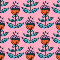Fototapeta na wymiar Cartoon doodle linear flower seamless pattern. Fantasy floral background. Vector illustration.