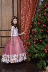 Princess in a festive pink dress with embroidery and flowers