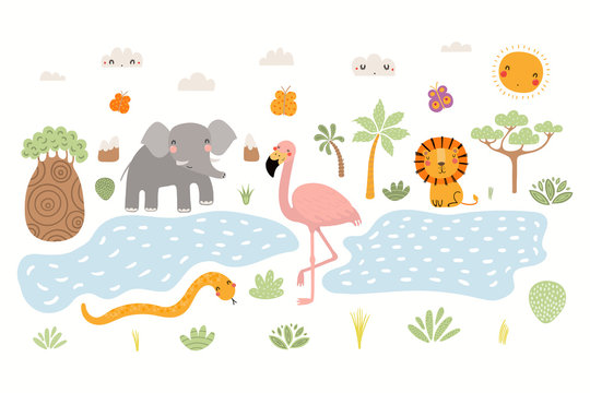 Hand drawn vector illustration of cute animals lion, flamingo, elephant, snake, African landscape. Isolated objects on white background. Scandinavian style flat design. Concept for children print.