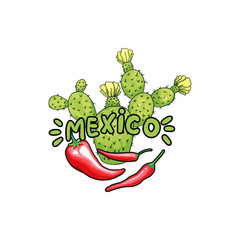 Mexico Lettering with Green letters, Cacti Saguaro and Red pepper. Isolated Logo Vector Design Element for Branding