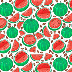 Watermelon seamless pattern with sliced fruits. Vector illustration, cartoon and hand drawn style.