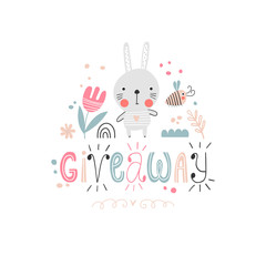Giveaway lettering with hare and flowers