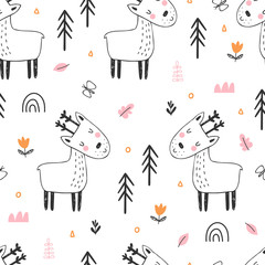 Kids seamless pattern with cute reindeer