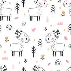 Wall murals Little deer Kids seamless pattern with cute reindeer