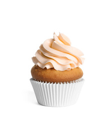 Delicious cupcake with light orange cream on white background