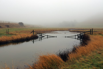 A misty winter morning in the Seven Sisters Country Park. Cuckmere river near Cuckmere Haven, East Sussex, England, United Kingdom.