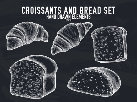 Vector collection of hand drawn chalk croissants and bread