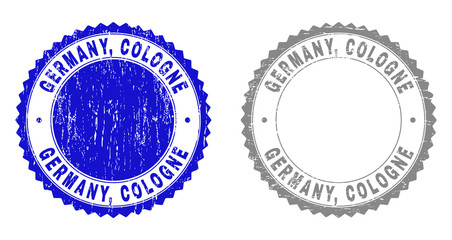 Grunge GERMANY, COLOGNE stamp seals isolated on a white background. Rosette seals with grunge texture in blue and grey colors. Vector rubber stamp imprint of GERMANY,