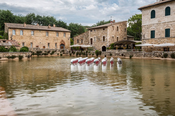 View of the village of Bagno Vignoni from the pool of thermal waters