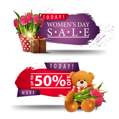 Two modern discount Women's day banners with buttons, tulips, gift and Teddy bear with a bouquet of tulips