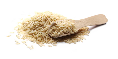 Integral long rice pile in wooden spoon isolated on white background