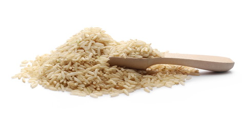 Integral long rice pile in wooden spoon isolated on white background