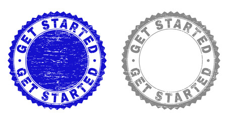 Grunge GET STARTED stamp seals isolated on a white background. Rosette seals with grunge texture in blue and grey colors. Vector rubber stamp imprint of GET STARTED caption inside round rosette.