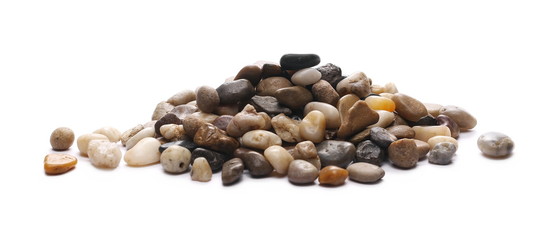 Colorful decorative pebbles, rocks isolated on white background