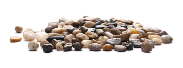 Colorful decorative pebbles, rocks isolated on white background