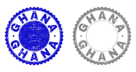 Grunge GHANA stamp seals isolated on a white background. Rosette seals with grunge texture in blue and grey colors. Vector rubber overlay of GHANA title inside round rosette.