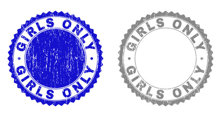 Grunge GIRLS ONLY stamp seals isolated on a white background. Rosette seals with distress texture in blue and grey colors. Vector rubber stamp imprint of GIRLS ONLY caption inside round rosette.