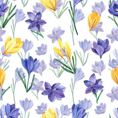 Fototapeta na wymiar Seamless pattern with watercolor crocuses. Spring bright flowers. Seamless background.