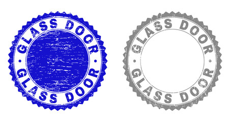 Fototapeta na wymiar Grunge GLASS DOOR stamp seals isolated on a white background. Rosette seals with grunge texture in blue and grey colors. Vector rubber overlay of GLASS DOOR tag inside round rosette.
