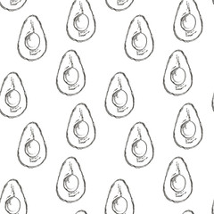 Avocado seamless pattern. Vector hand drawn illustrations. Avocado, sliced pieces, half, leaf and seed sketch. Tropical summer fruit engraved style illustration.